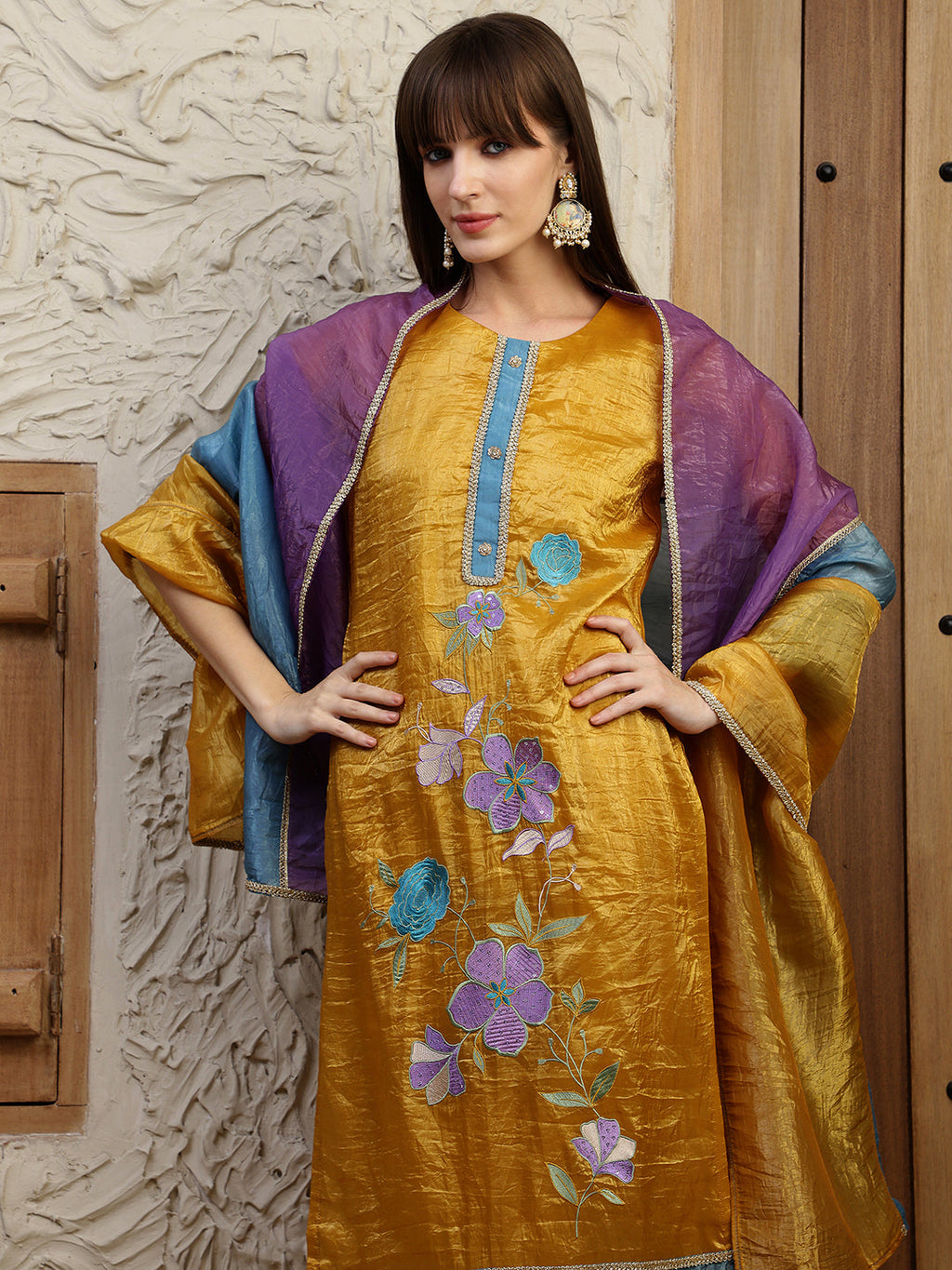 Hand Embroidered Kurta With Pant & Dual Toned Dupatta, Mustard - Hiral Fashion - Distacart