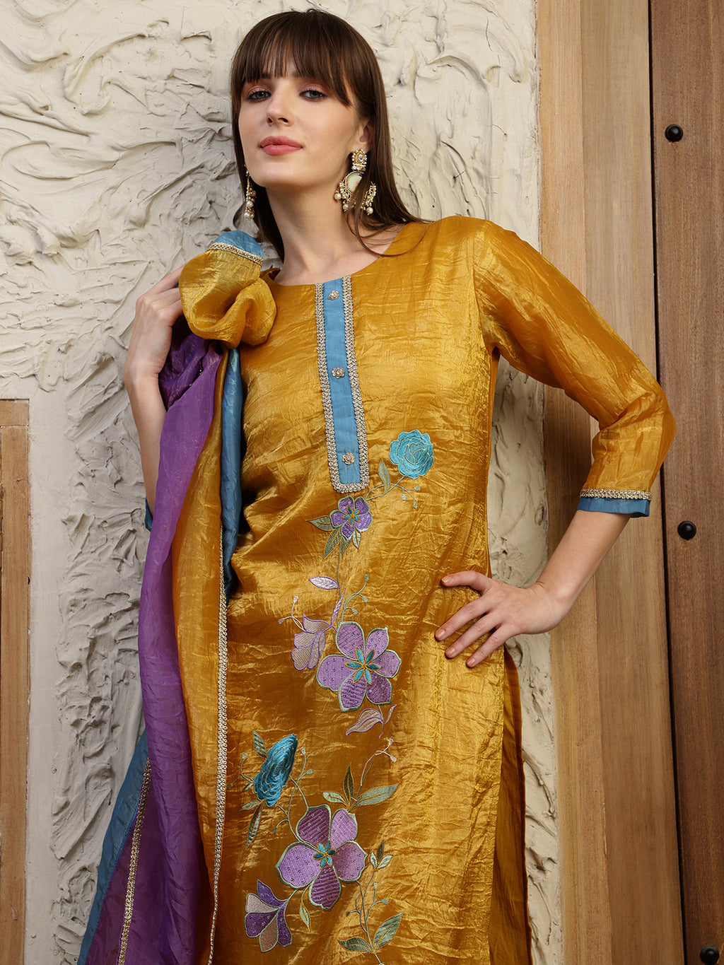 Hand Embroidered Kurta With Pant & Dual Toned Dupatta, Mustard - Hiral Fashion - Distacart