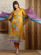 Hand Embroidered Kurta With Pant & Dual Toned Dupatta, Mustard - Hiral Fashion - Distacart