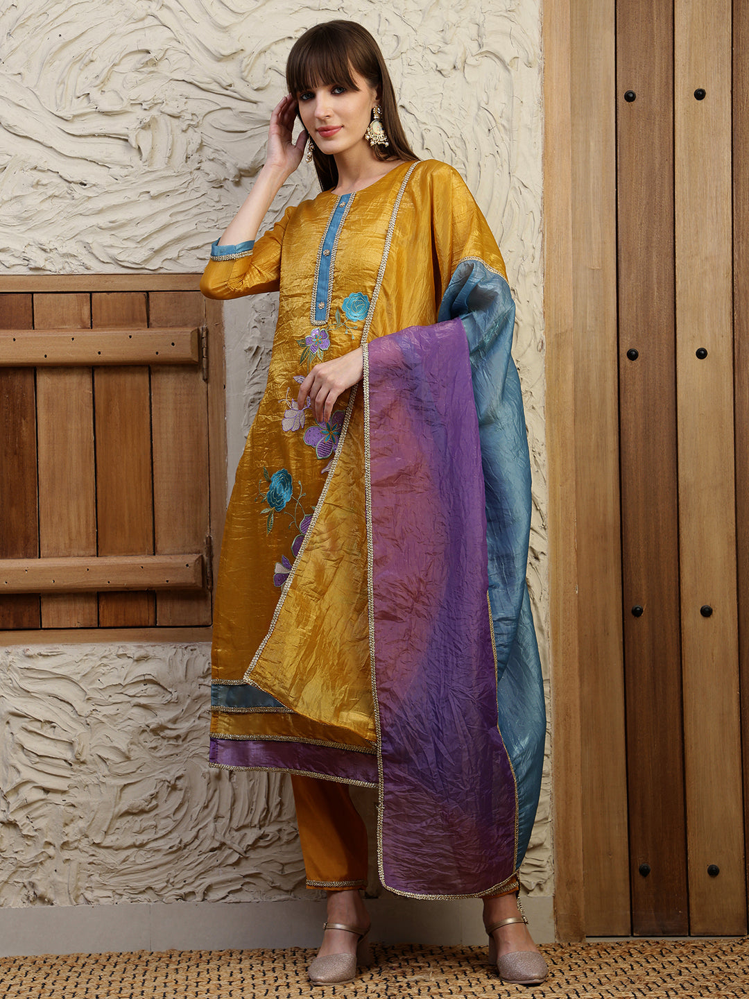 Hand Embroidered Kurta With Pant & Dual Toned Dupatta, Mustard - Hiral Fashion - Distacart