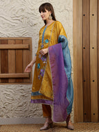 Hand Embroidered Kurta With Pant & Dual Toned Dupatta, Mustard - Hiral Fashion - Distacart