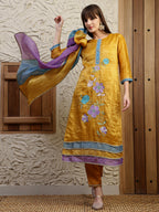 Hand Embroidered Kurta With Pant & Dual Toned Dupatta, Mustard - Hiral Fashion - Distacart