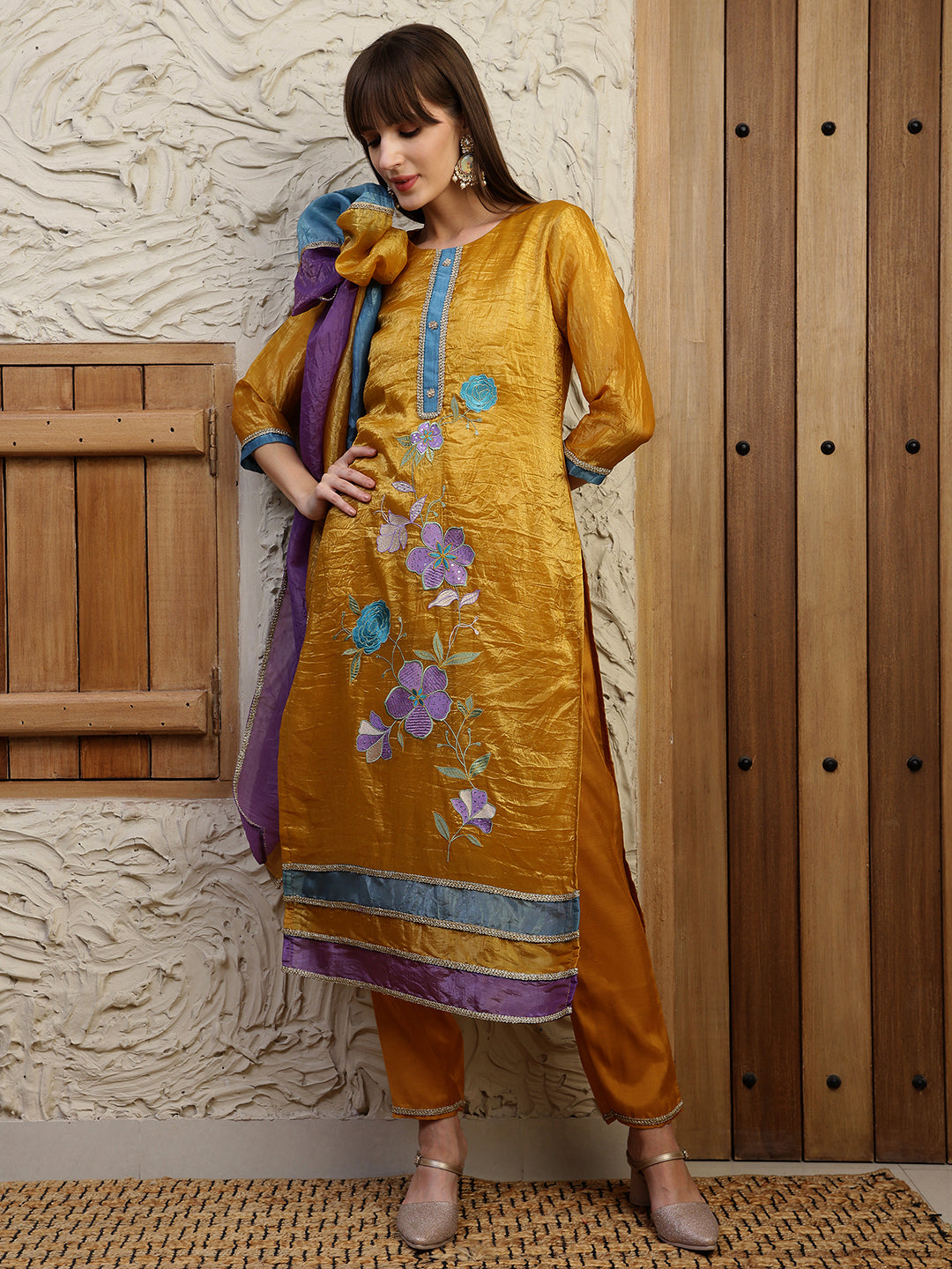 Hand Embroidered Kurta With Pant & Dual Toned Dupatta, Mustard - Hiral Fashion - Distacart