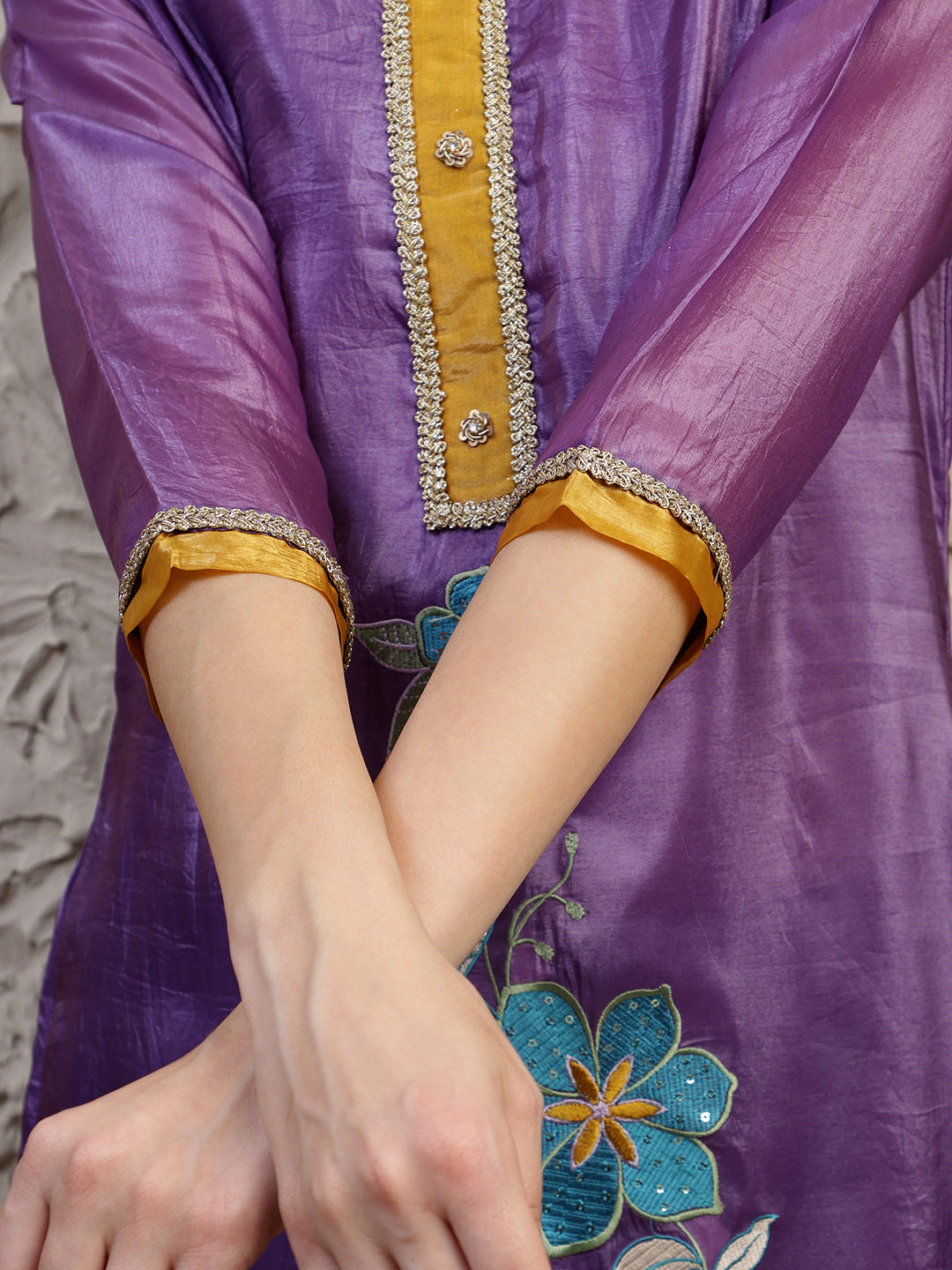 Hand Embroidered Kurta With Pant & Dual Toned Dupatta, Purple - Hiral Fashion - Distacart