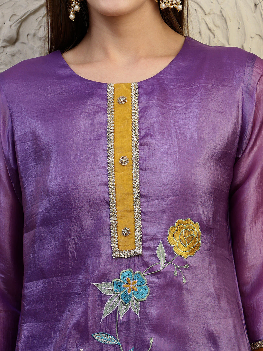 Hand Embroidered Kurta With Pant & Dual Toned Dupatta, Purple - Hiral Fashion - Distacart