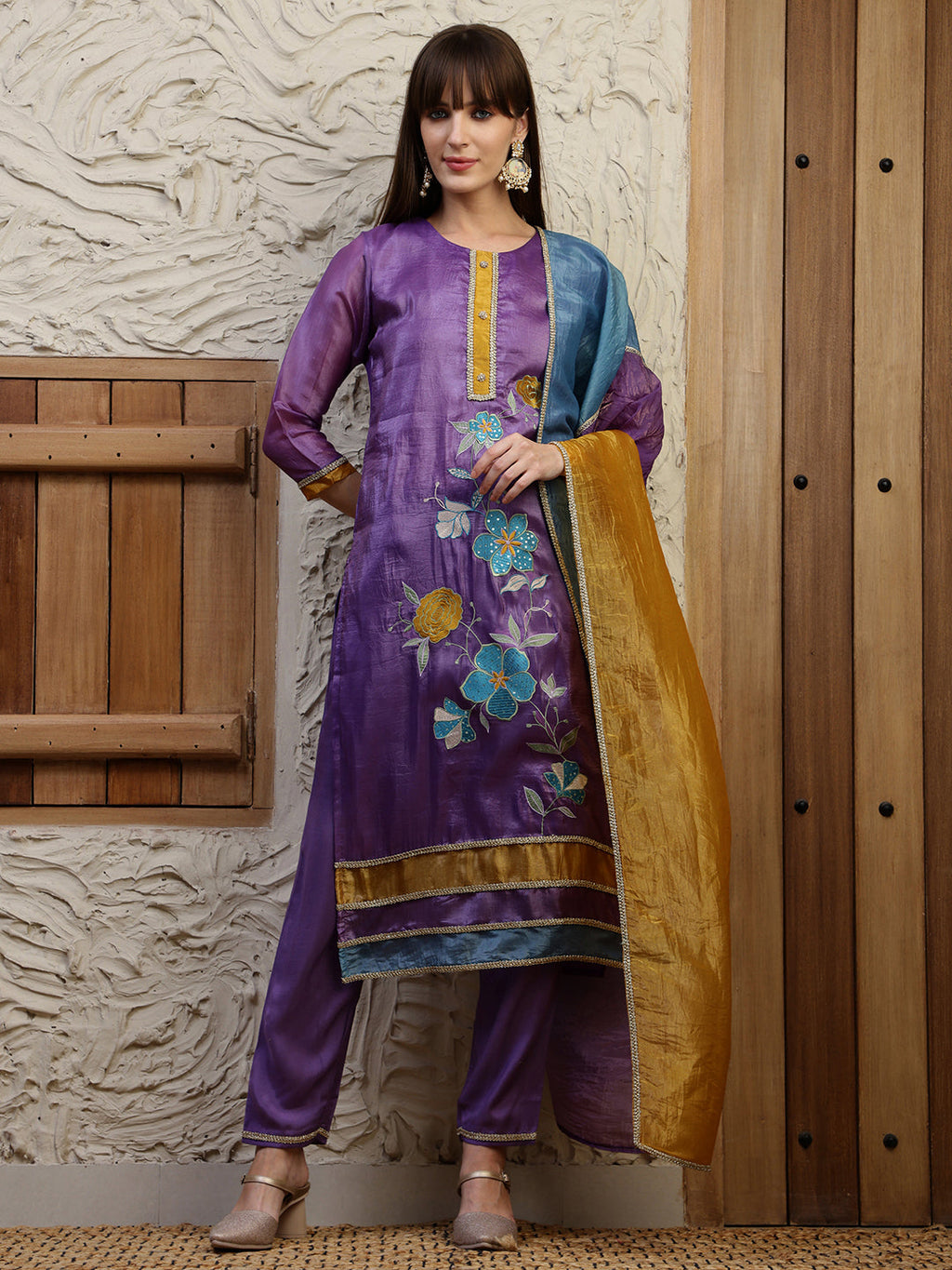 Hand Embroidered Kurta With Pant & Dual Toned Dupatta, Purple - Hiral Fashion - Distacart
