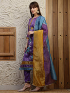 Hand Embroidered Kurta With Pant & Dual Toned Dupatta, Purple - Hiral Fashion - Distacart
