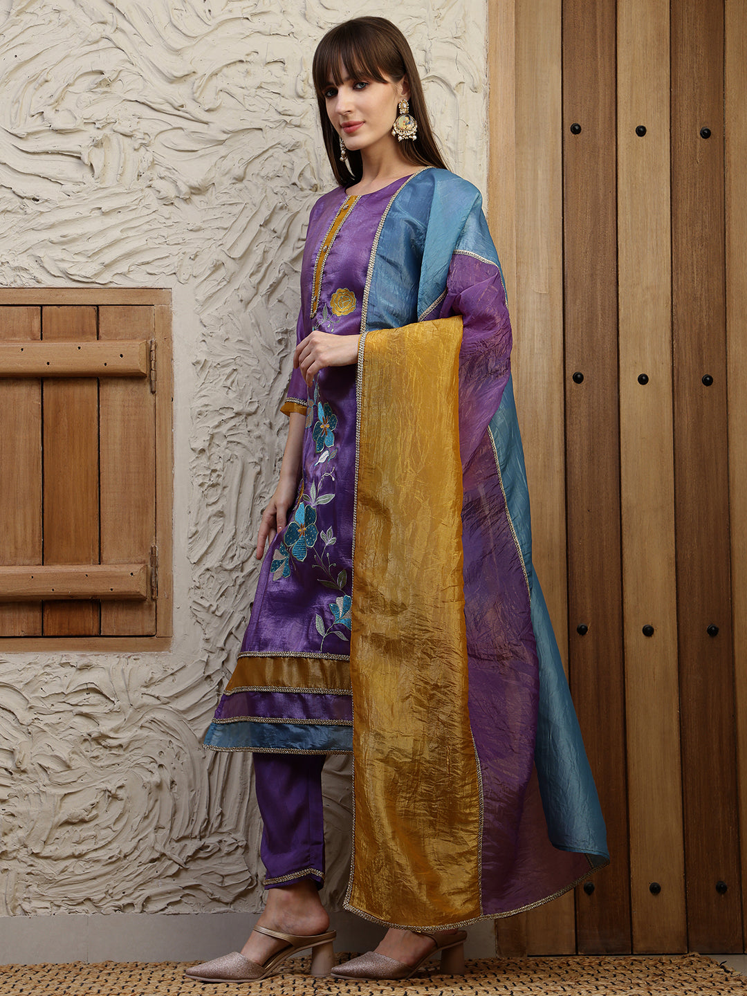 Hand Embroidered Kurta With Pant & Dual Toned Dupatta, Purple - Hiral Fashion - Distacart