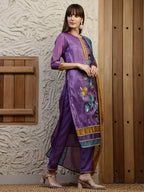 Hand Embroidered Kurta With Pant & Dual Toned Dupatta, Purple - Hiral Fashion - Distacart