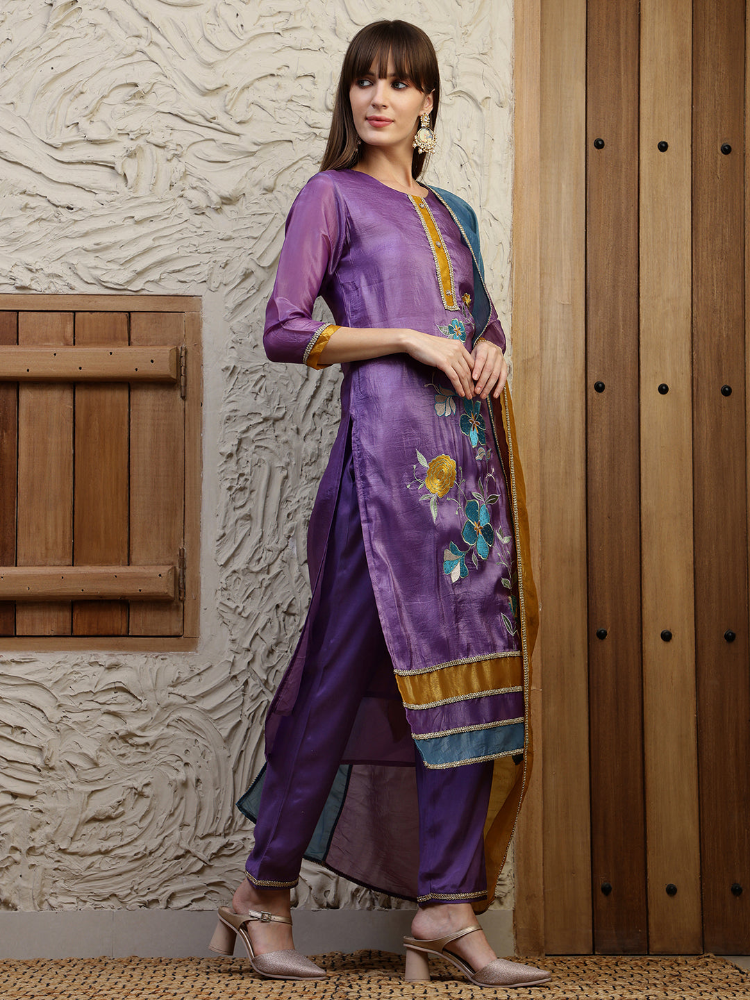 Hand Embroidered Kurta With Pant & Dual Toned Dupatta, Purple - Hiral Fashion - Distacart