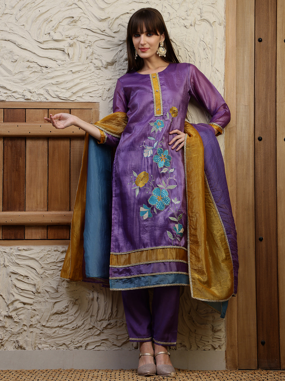 Hand Embroidered Kurta With Pant & Dual Toned Dupatta, Purple - Hiral Fashion - Distacart
