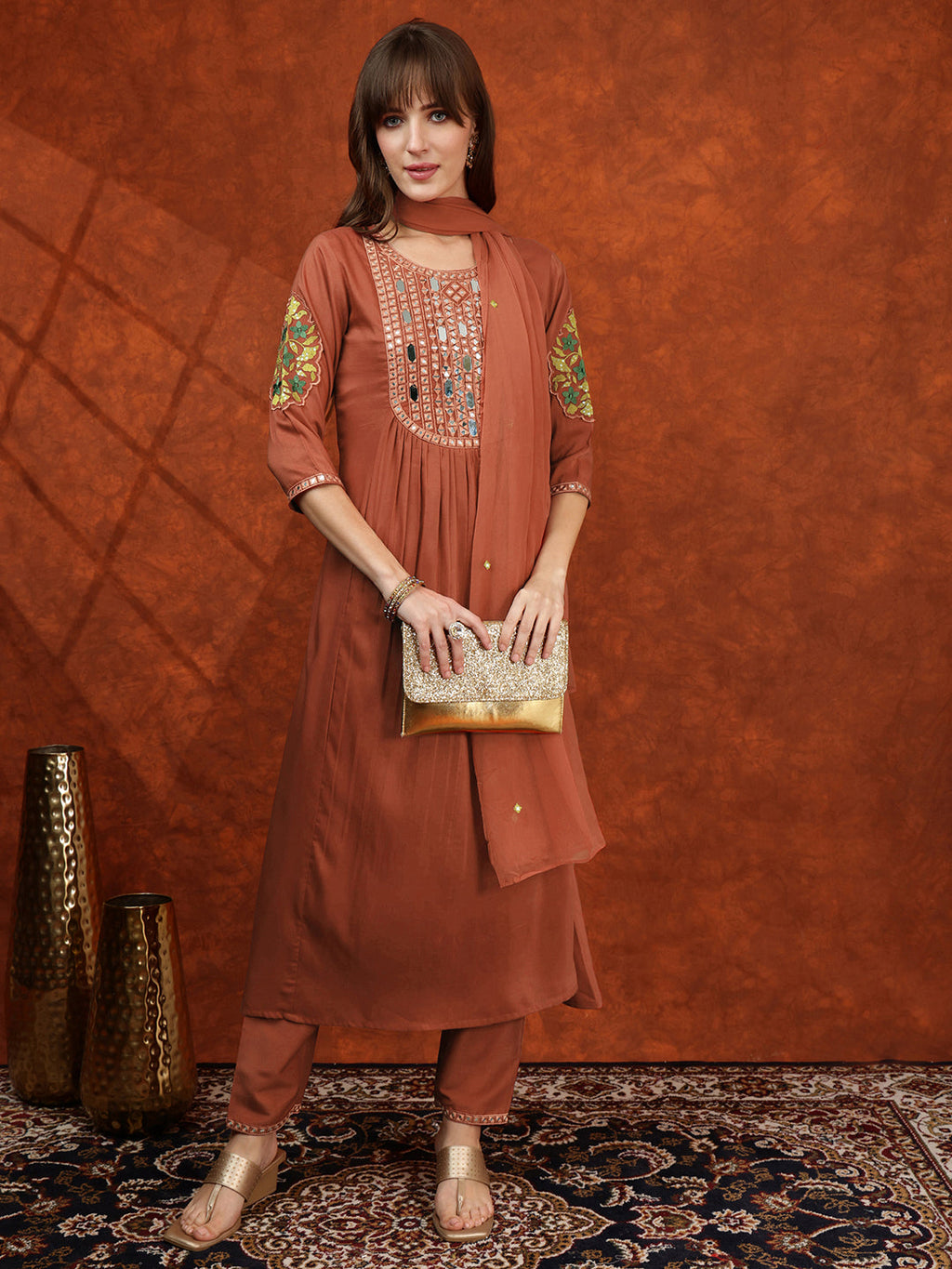 Mirror Embroidered Kurta With Pant & Embroidered Dupatta, Rust - Hiral Fashion - Distacart