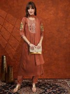 Mirror Embroidered Kurta With Pant & Embroidered Dupatta, Rust - Hiral Fashion - Distacart