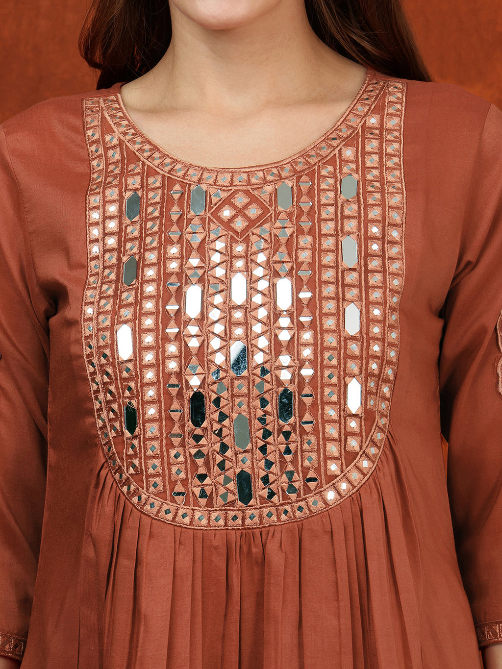 Mirror Embroidered Kurta With Pant & Embroidered Dupatta, Rust - Hiral Fashion - Distacart