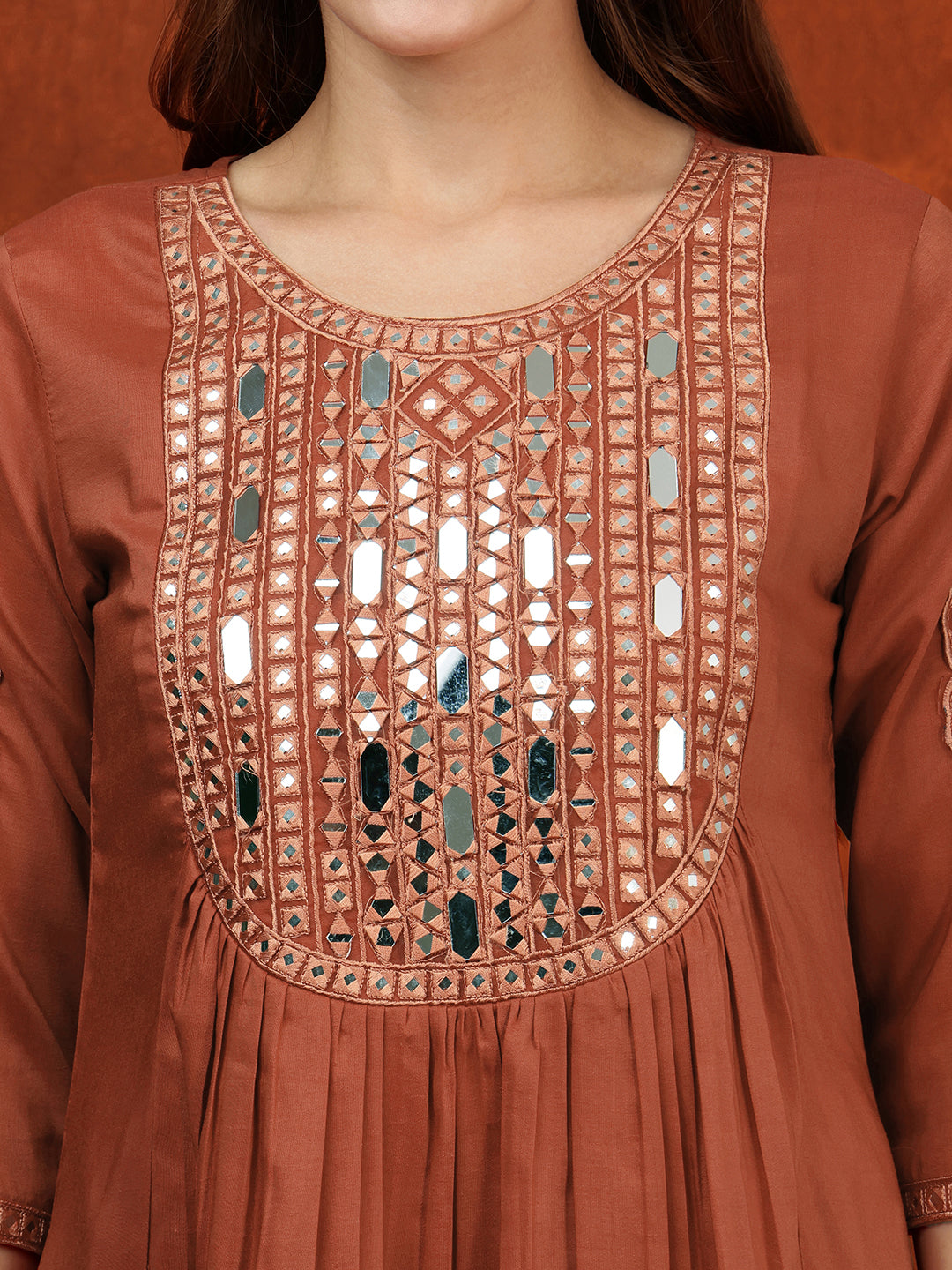 Mirror Embroidered Kurta With Pant & Embroidered Dupatta, Rust - Hiral Fashion - Distacart