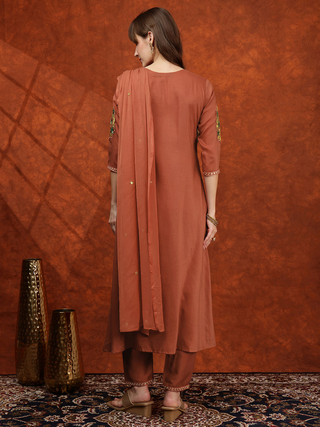 Mirror Embroidered Kurta With Pant & Embroidered Dupatta, Rust - Hiral Fashion - Distacart