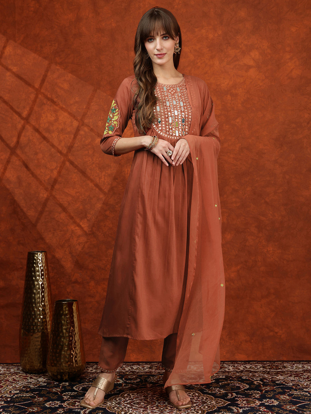Mirror Embroidered Kurta With Pant & Embroidered Dupatta, Rust - Hiral Fashion - Distacart