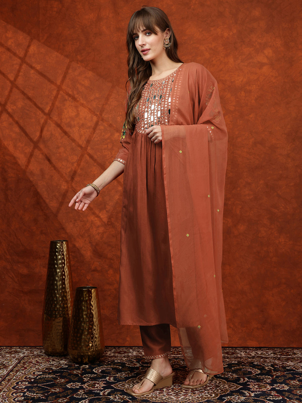 Mirror Embroidered Kurta With Pant & Embroidered Dupatta, Rust - Hiral Fashion - Distacart