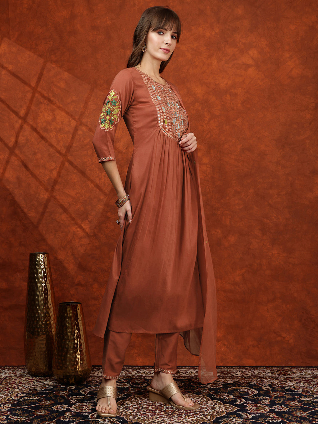 Mirror Embroidered Kurta With Pant & Embroidered Dupatta, Rust - Hiral Fashion - Distacart