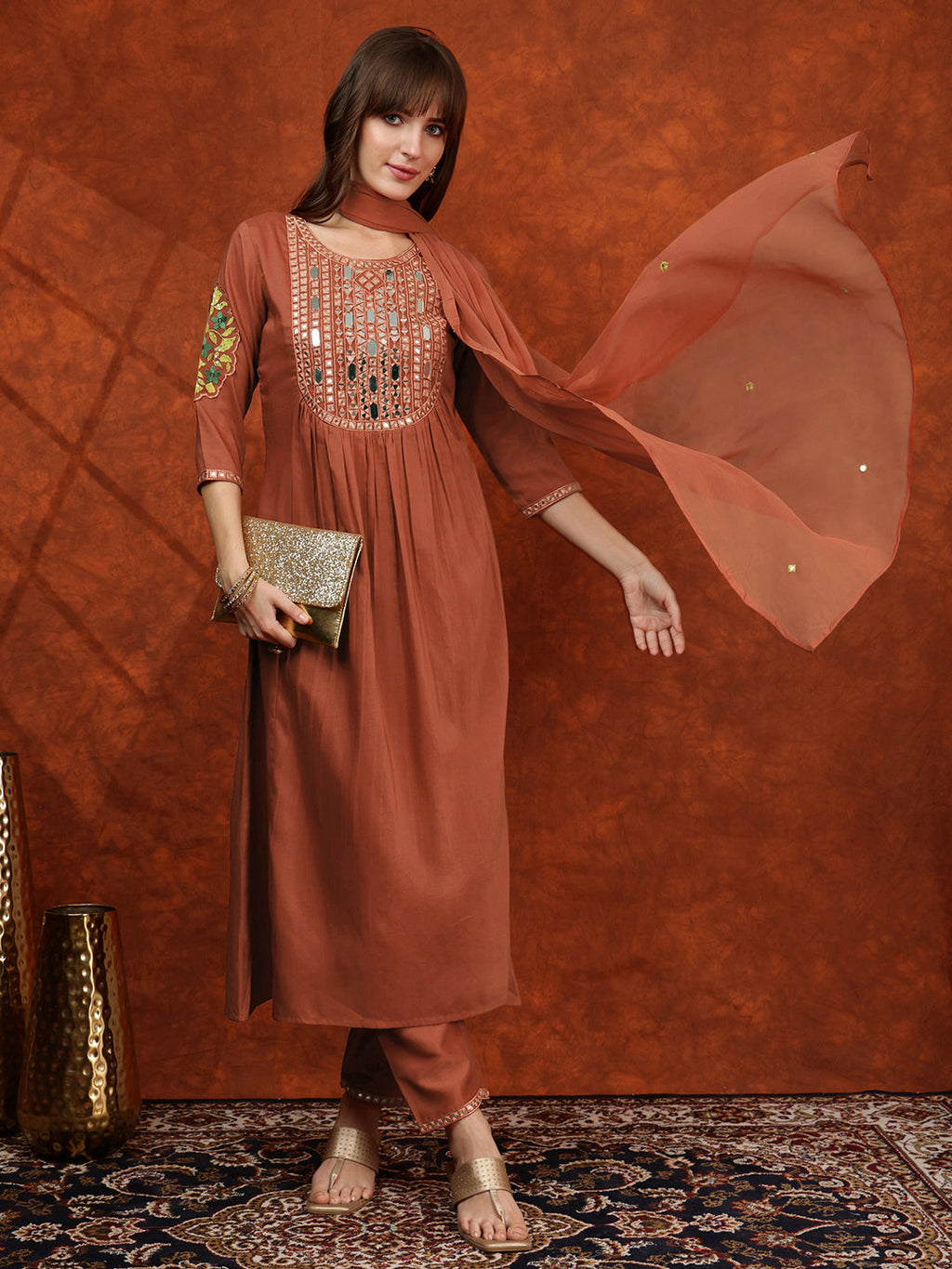 Mirror Embroidered Kurta With Pant & Embroidered Dupatta, Rust - Hiral Fashion - Distacart