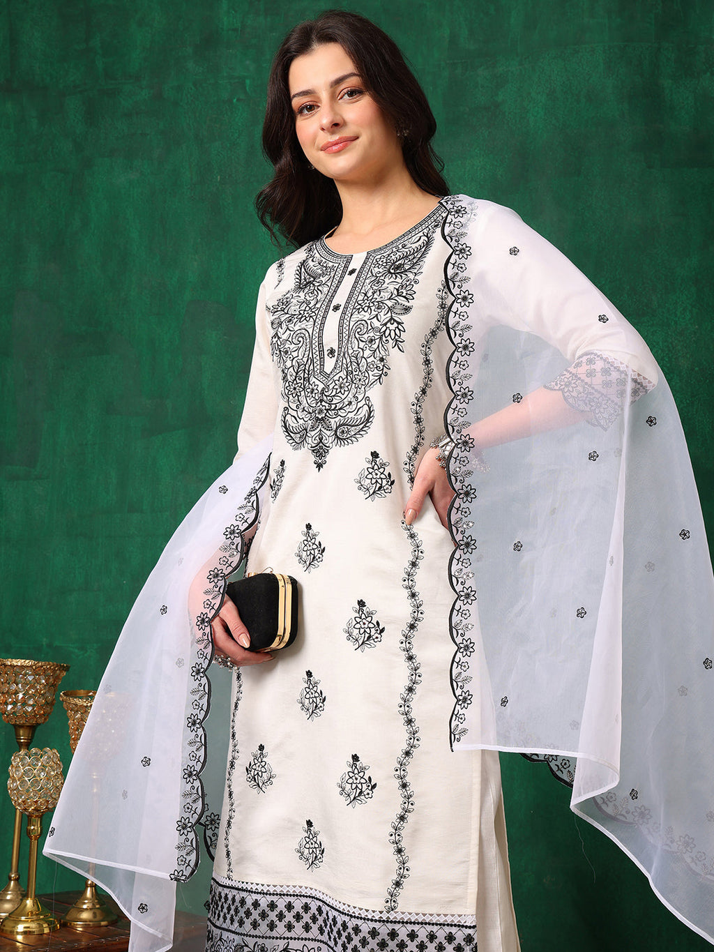 Embroidered Kurta With Pant & Embroidered Dupatta, White - Hiral Fashion - Distacart