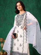 Embroidered Kurta With Pant & Embroidered Dupatta, White - Hiral Fashion - Distacart