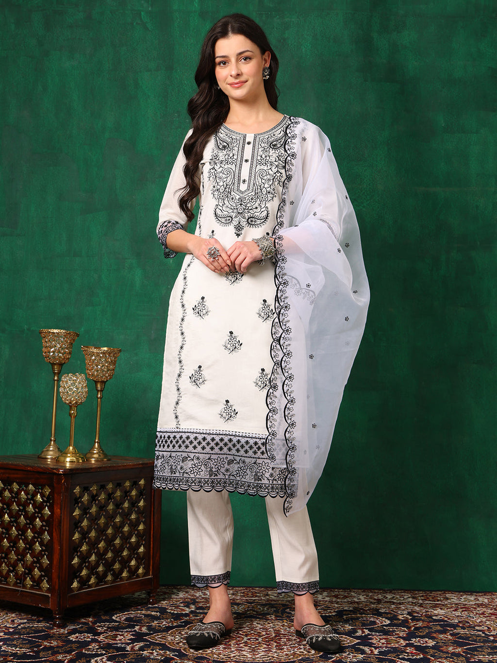 Embroidered Kurta With Pant & Embroidered Dupatta, White - Hiral Fashion - Distacart
