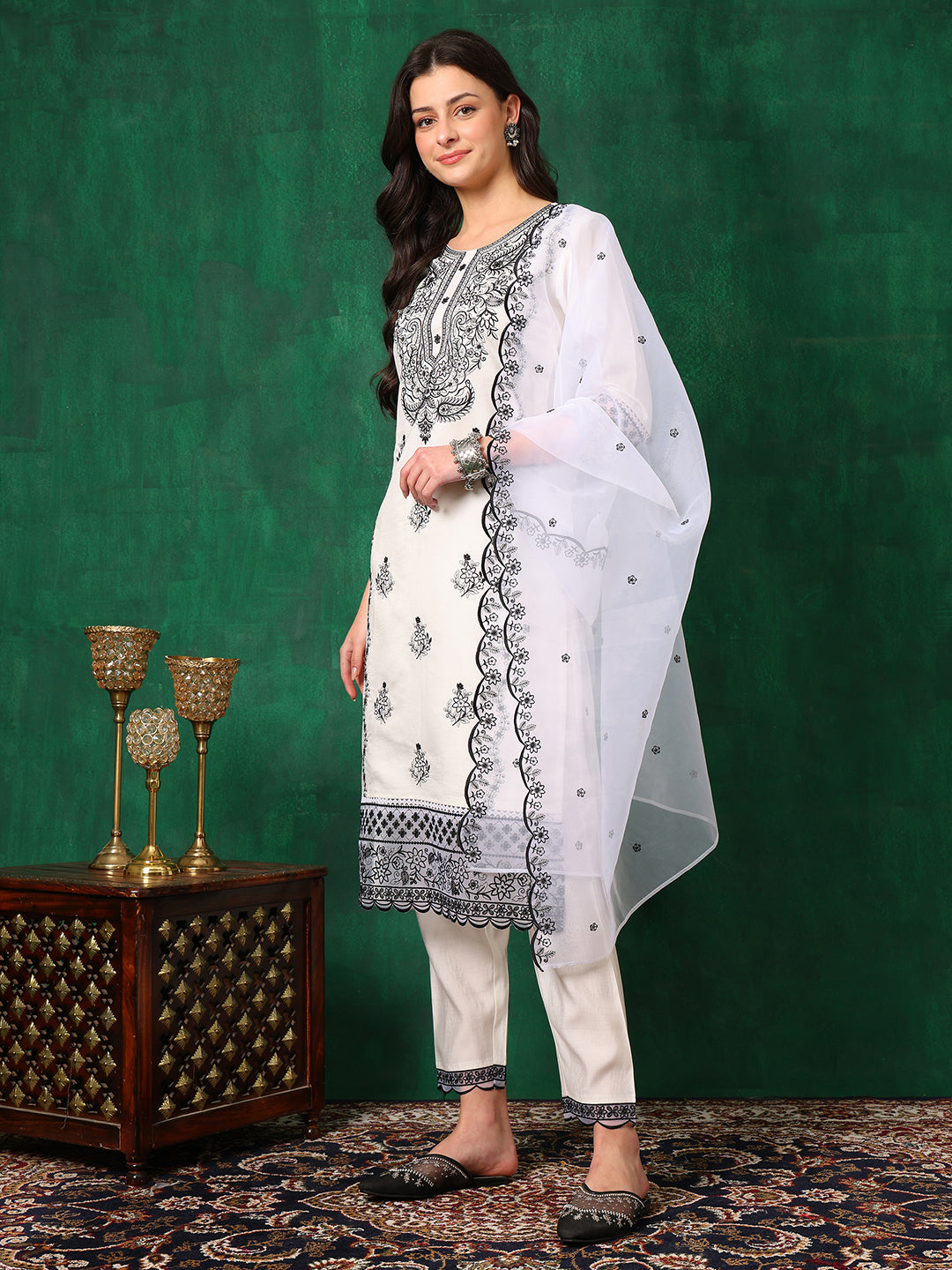 Embroidered Kurta With Pant & Embroidered Dupatta, White - Hiral Fashion - Distacart