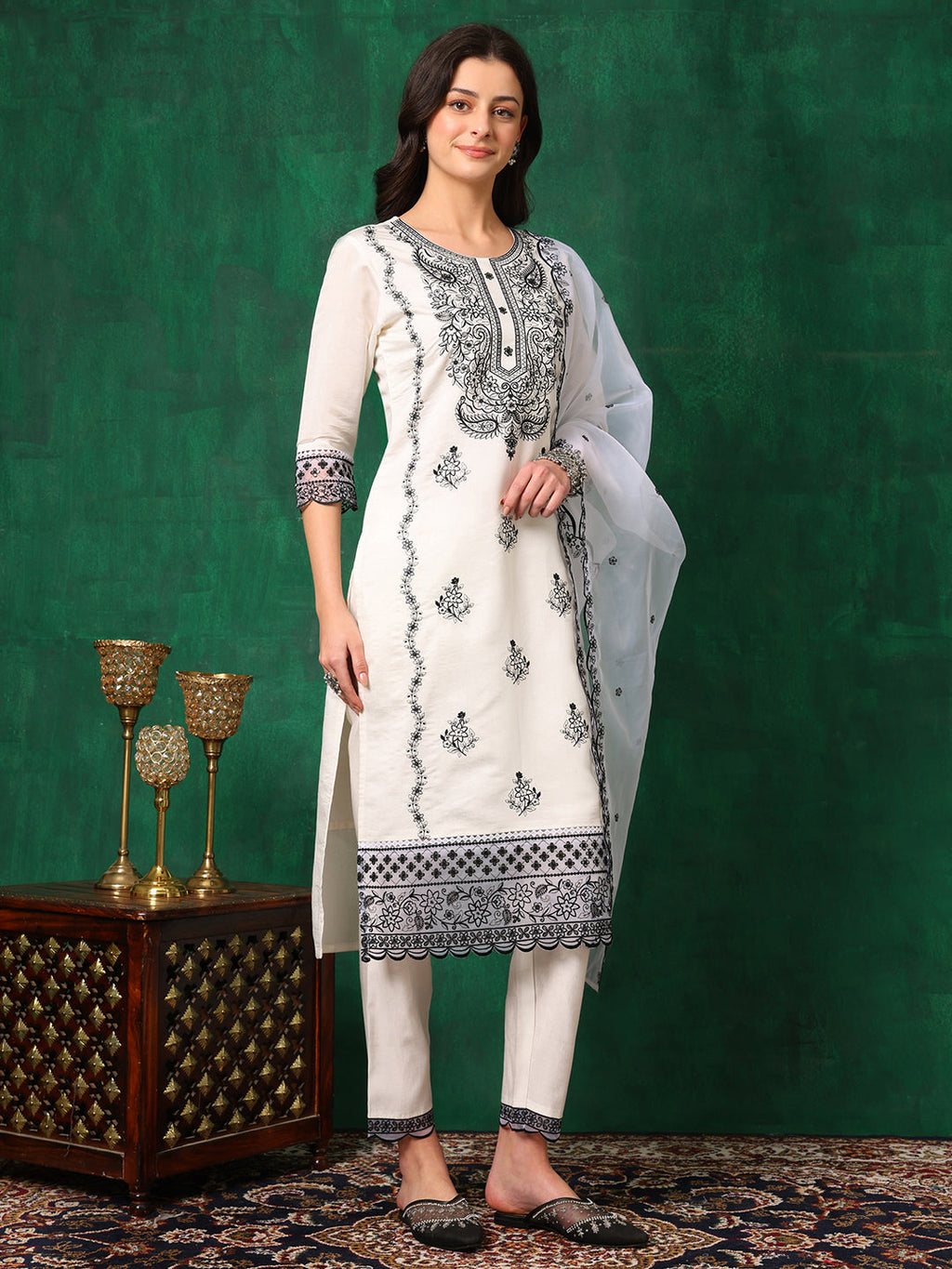 Embroidered Kurta With Pant & Embroidered Dupatta, White - Hiral Fashion - Distacart