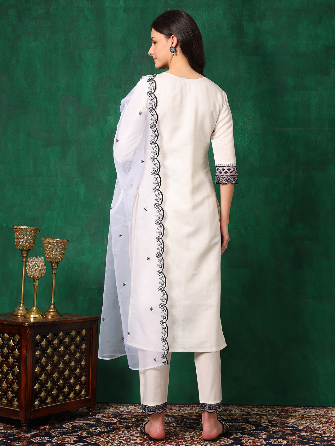 Embroidered Kurta With Pant & Embroidered Dupatta, White - Hiral Fashion - Distacart