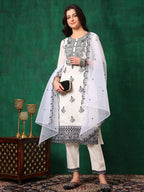 Embroidered Kurta With Pant & Embroidered Dupatta, White - Hiral Fashion - Distacart