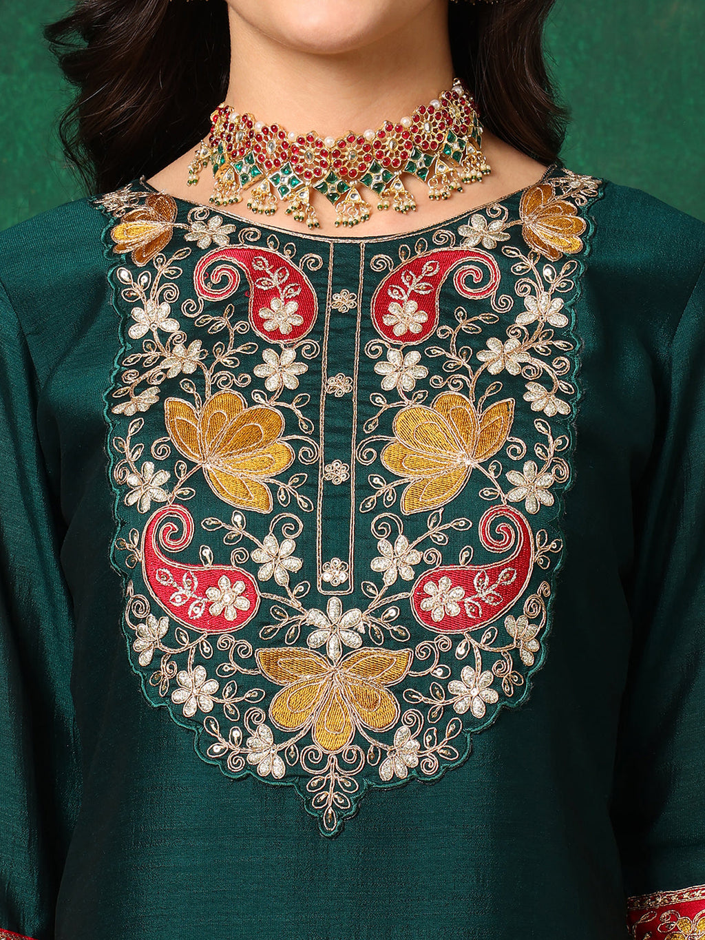 Embroidered Kurta With Pant & Embroidered Dupatta, Bottle-Green - Hiral Fashion - Distacart