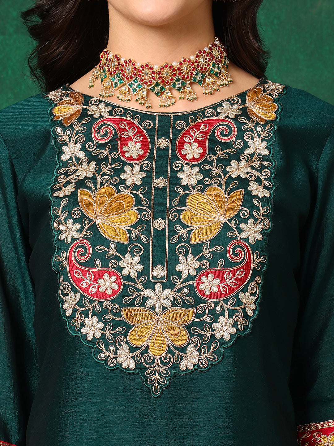 Embroidered Kurta With Pant & Embroidered Dupatta, Bottle-Green - Hiral Fashion - Distacart
