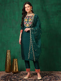Embroidered Kurta With Pant & Embroidered Dupatta, Bottle-Green - Hiral Fashion - Distacart