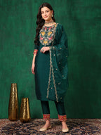 Embroidered Kurta With Pant & Embroidered Dupatta, Bottle-Green - Hiral Fashion - Distacart