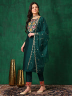 Embroidered Kurta With Pant & Embroidered Dupatta, Bottle-Green - Hiral Fashion - Distacart