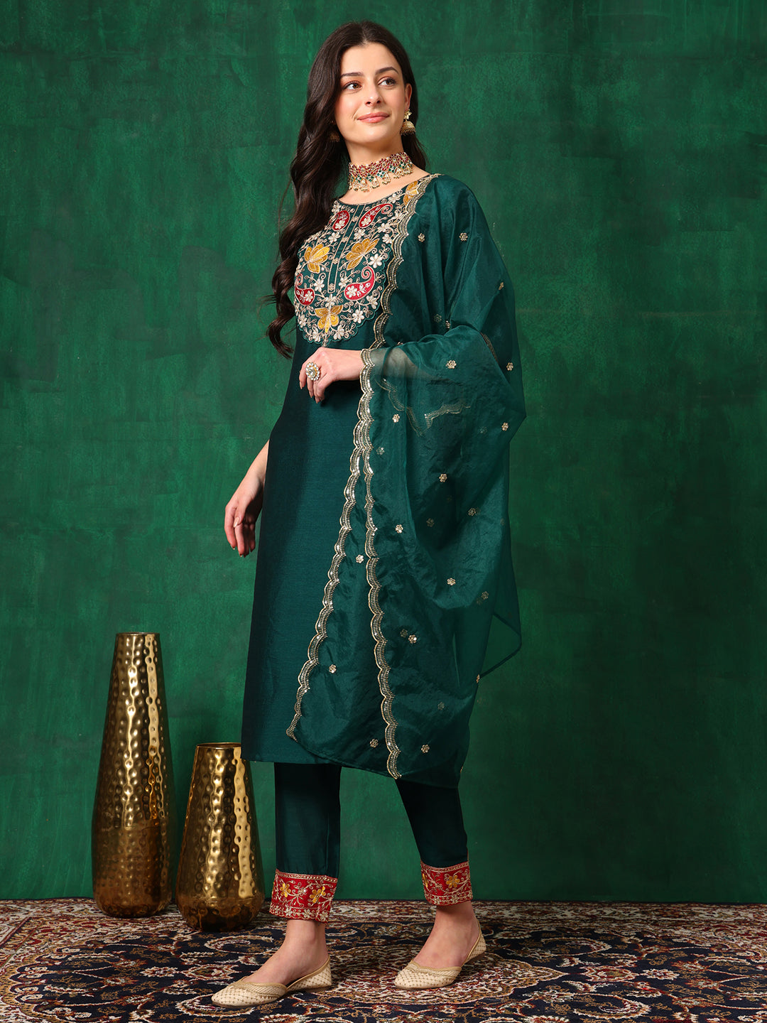 Embroidered Kurta With Pant & Embroidered Dupatta, Bottle-Green - Hiral Fashion - Distacart