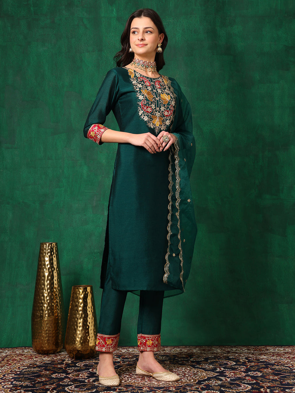 Embroidered Kurta With Pant & Embroidered Dupatta, Bottle-Green - Hiral Fashion - Distacart
