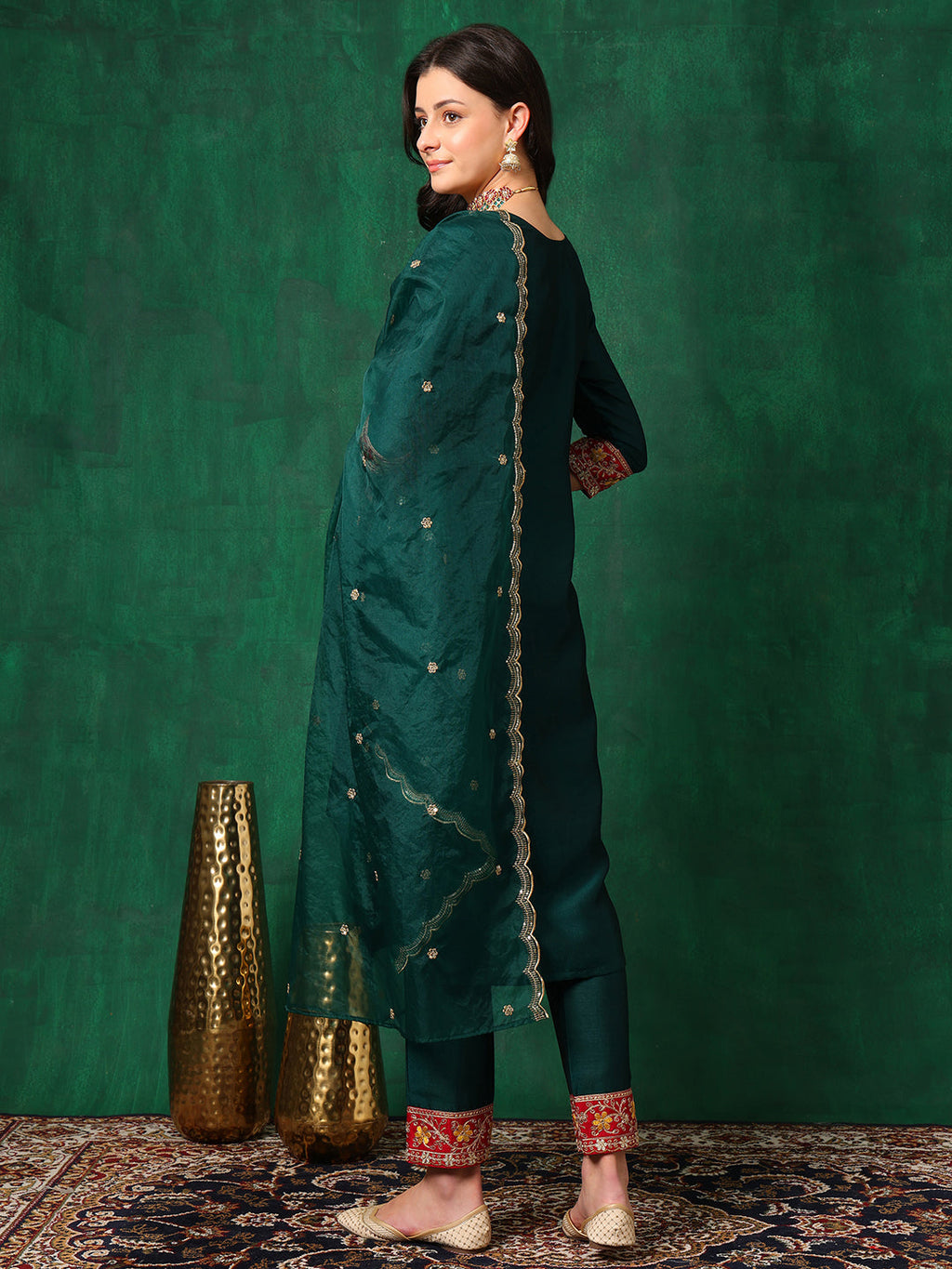 Embroidered Kurta With Pant & Embroidered Dupatta, Bottle-Green - Hiral Fashion - Distacart