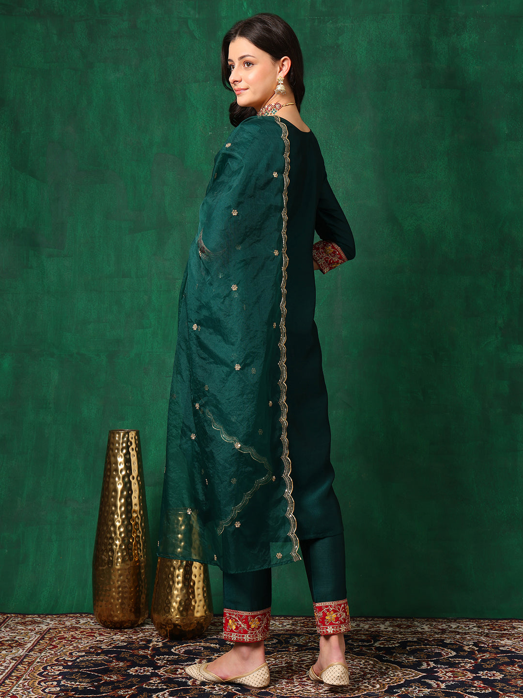 Embroidered Kurta With Pant & Embroidered Dupatta, Bottle-Green - Hiral Fashion - Distacart