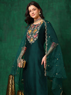 Embroidered Kurta With Pant & Embroidered Dupatta, Bottle-Green - Hiral Fashion - Distacart