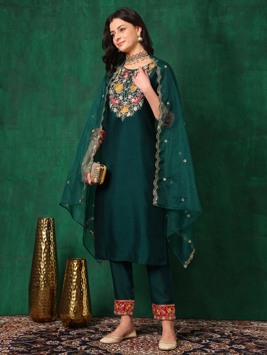 Embroidered Kurta With Pant & Embroidered Dupatta, Bottle-Green - Hiral Fashion - Distacart