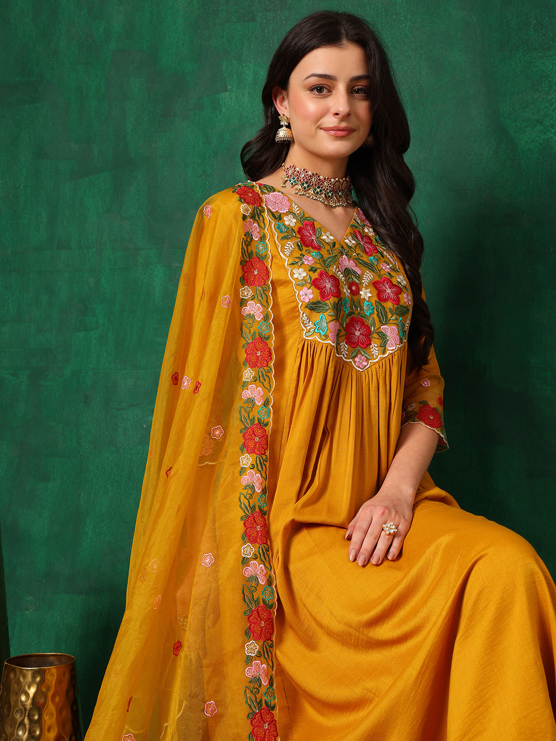 Aline Embroidered Kurta With Pant & Embroidered Dupatta, Mustard - Hiral Fashion - Distacart