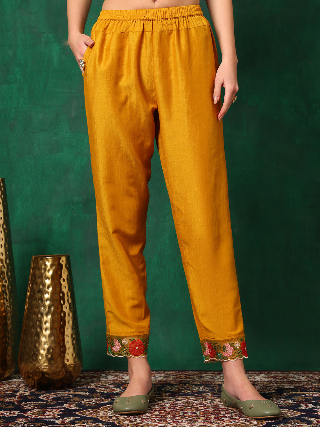 Aline Embroidered Kurta With Pant & Embroidered Dupatta, Mustard - Hiral Fashion - Distacart