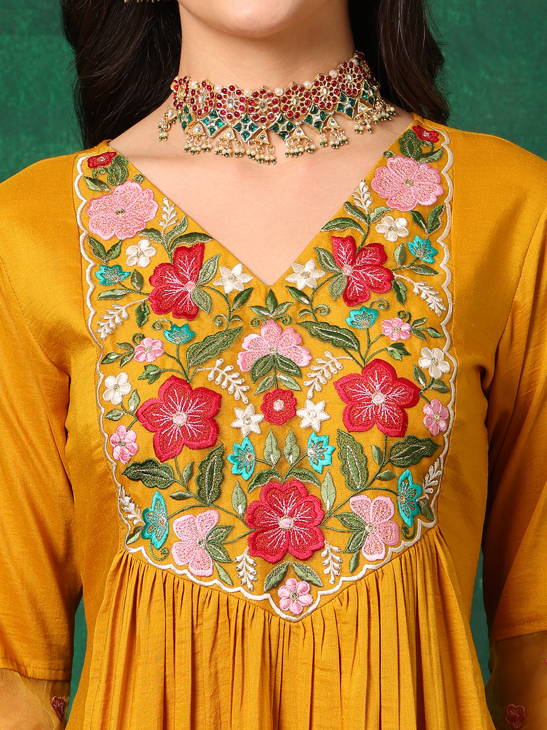 Aline Embroidered Kurta With Pant & Embroidered Dupatta, Mustard - Hiral Fashion - Distacart