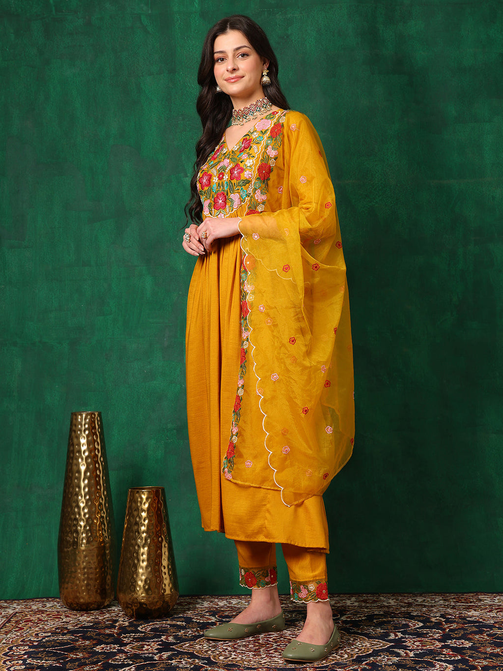 Aline Embroidered Kurta With Pant & Embroidered Dupatta, Mustard - Hiral Fashion - Distacart