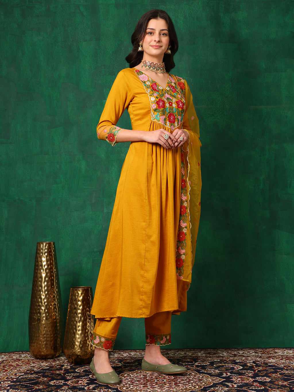 Aline Embroidered Kurta With Pant & Embroidered Dupatta, Mustard - Hiral Fashion - Distacart