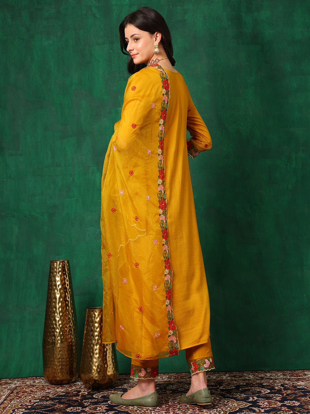 Aline Embroidered Kurta With Pant & Embroidered Dupatta, Mustard - Hiral Fashion - Distacart