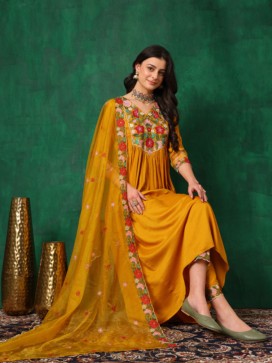 Aline Embroidered Kurta With Pant & Embroidered Dupatta, Mustard - Hiral Fashion - Distacart