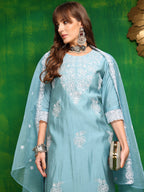Embroidered Kurta With Pant & Dupatta, Aqua-Blue - Hiral Fashion - Distacart
